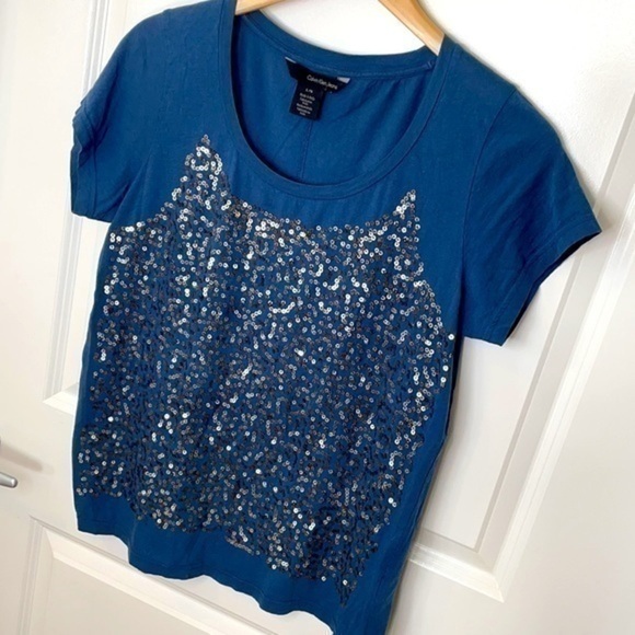 CALVIN KLEIN | Women’s Blue & Silver Sequin Shirt Size Large - Picture 1 of 5